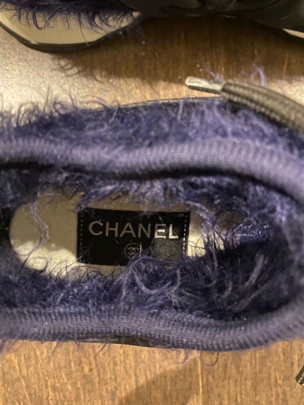 CHANEL Navy Fuzzy Lace-Up Sneakers - Picture 4 of 9
